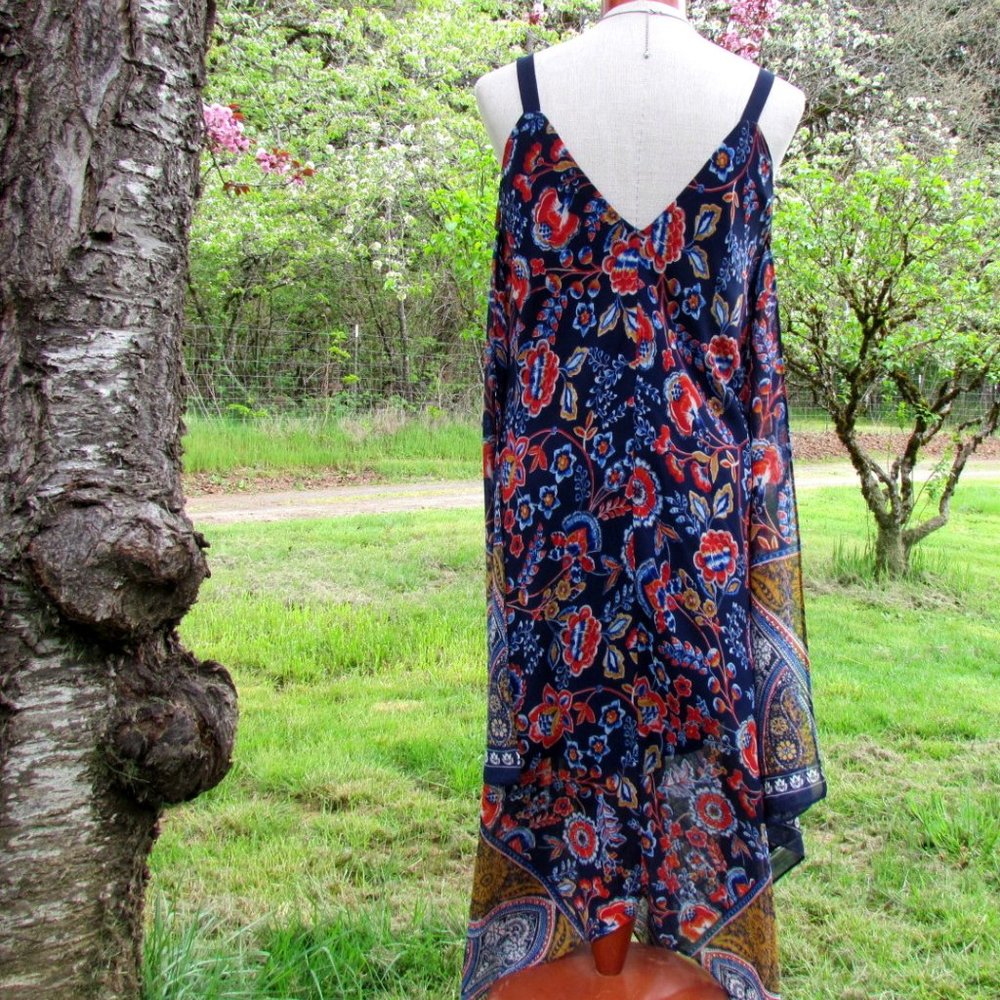 BOHO FESTIVAL DRESS, M, NAVY RED GOLD PRINT, AIRY OVERSKIRT, HANDKERCHIEF HEM - Picture 6 of 9